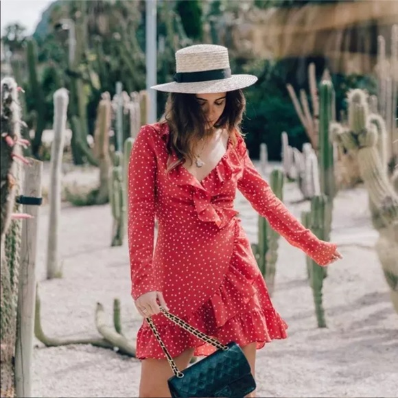 1 Left Red Star Ruffle Wrap Mini Dress Long Sleeve - Picture 4 of 7